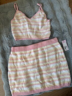 Wild fable Striped Knit Crop Top & Mini Skirt Set - Pink/White/Yellow
